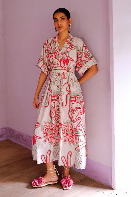 Jodi White Cotton Collared Floral Abstract Handblock Print Dress Online at Aza Fashions Jodi_White Cotton Collared Floral Abstract Handblock Print Dress_Online_at_Aza_Fashions
