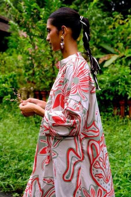Shop_Jodi_White Cotton Embroidery Mandarin Collar Floral Handblock Print Midi Dress _at_Aza_Fashions