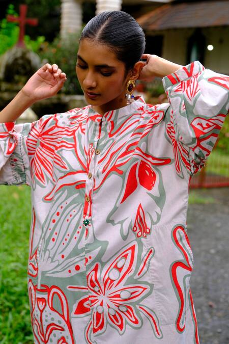 Jodi_White Cotton Embroidery Mandarin Collar Floral Handblock Print Midi Dress _Online_at_Aza_Fashions