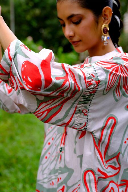 Buy_Jodi_White Cotton Embroidery Mandarin Collar Floral Handblock Print Midi Dress _Online_at_Aza_Fashions