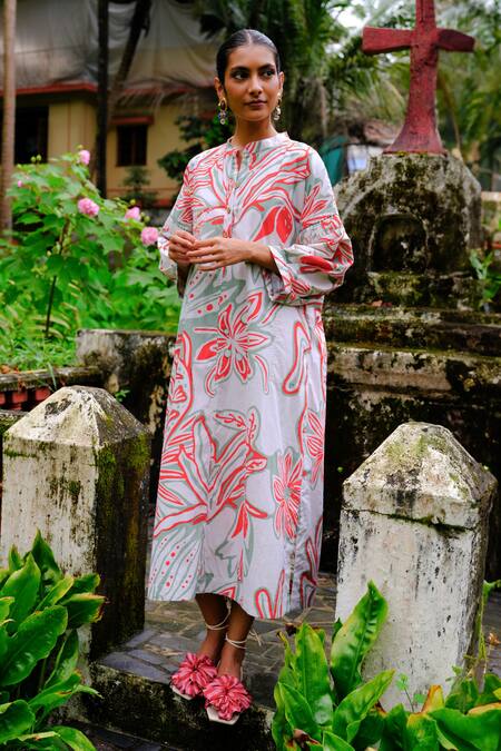 Shop_Jodi_White Cotton Embroidery Mandarin Collar Floral Handblock Print Midi Dress _Online_at_Aza_Fashions