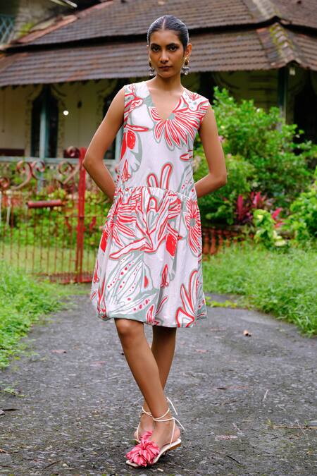 Shop_Jodi_White Cotton V-neck Floral Handblock Print Short Dress_at_Aza_Fashions