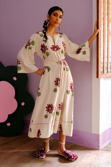 Shop_Jodi_Beige Cotton Pearls Open Neck Floral Handblock Print Midi Dress _at_Aza_Fashions