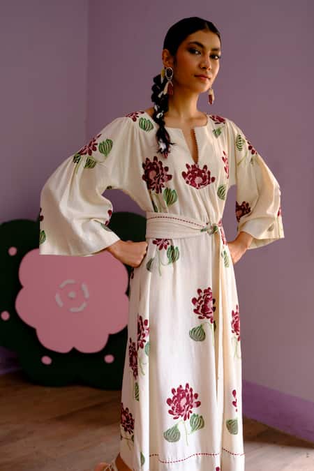 Jodi_Beige Cotton Pearls Open Neck Floral Handblock Print Midi Dress _Online_at_Aza_Fashions