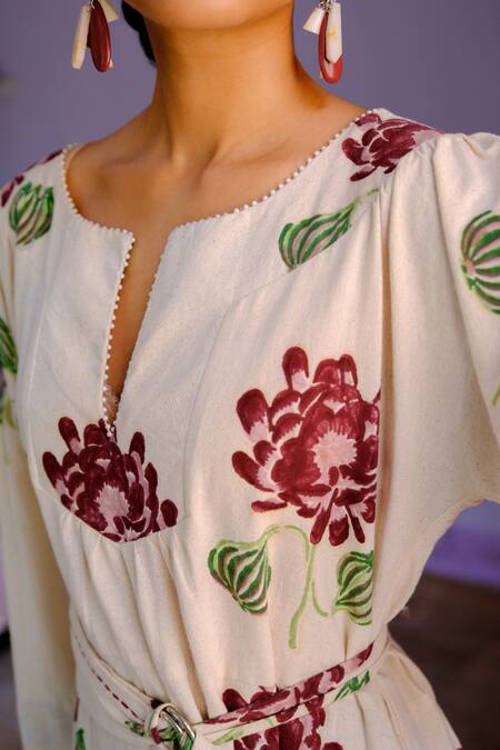 Shop_Jodi_Beige Cotton Pearls Open Neck Floral Handblock Print Midi Dress _Online_at_Aza_Fashions