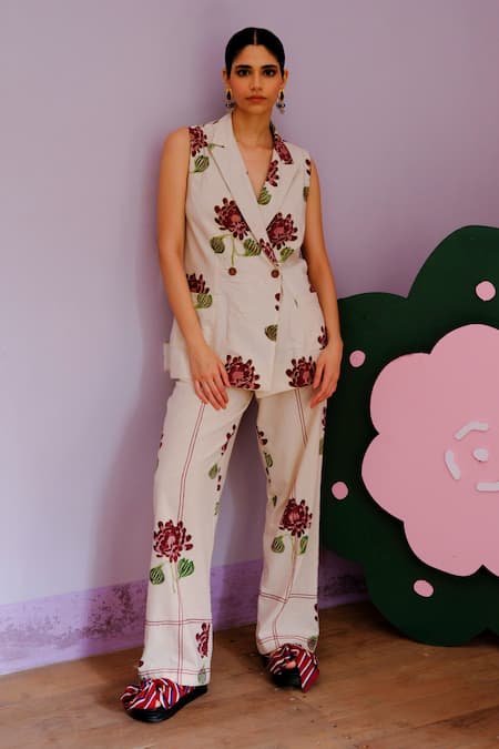 Shop Jodi Beige Cotton Embroidery Floral Handblock Print Blazer And Trouser Set at Aza Fashions Shop_Jodi_Beige Cotton Embroidery Floral Handblock Print Blazer And Trouser Set _at_Aza_Fashions