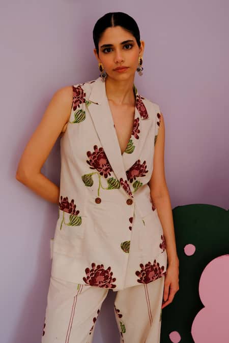 Buy Jodi Beige Cotton Embroidery Floral Handblock Print Blazer And Trouser Set Online at Aza Fashions Buy_Jodi_Beige Cotton Embroidery Floral Handblock Print Blazer And Trouser Set _Online_at_Aza_Fashions