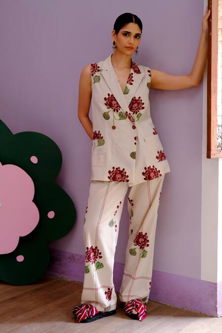 Shop Jodi Beige Cotton Embroidery Floral Handblock Print Blazer And Trouser Set Online at Aza Fashions Shop_Jodi_Beige Cotton Embroidery Floral Handblock Print Blazer And Trouser Set _Online_at_Aza_Fashions