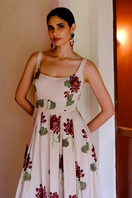 Jodi_Beige Cotton Embroidery Scoop Neck Floral Handblock Print Midi Dress _Online_at_Aza_Fashions