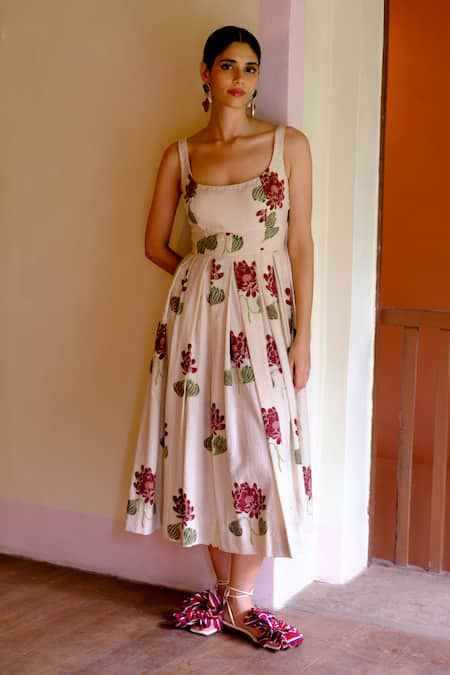 Shop_Jodi_Beige Cotton Embroidery Scoop Neck Floral Handblock Print Midi Dress _at_Aza_Fashions