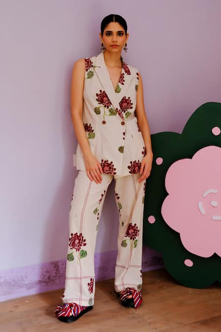 Shop Jodi Beige Handloom Cotton Embroidery Floral Handblock Print Trouser at Aza Fashions Shop_Jodi_Beige Handloom Cotton Embroidery Floral Handblock Print Trouser _at_Aza_Fashions