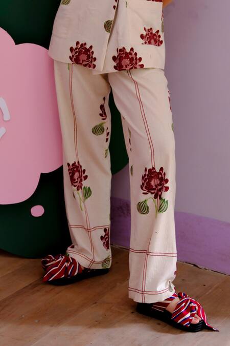 Buy Jodi Beige Handloom Cotton Embroidery Floral Handblock Print Trouser Online at Aza Fashions Buy_Jodi_Beige Handloom Cotton Embroidery Floral Handblock Print Trouser _Online_at_Aza_Fashions