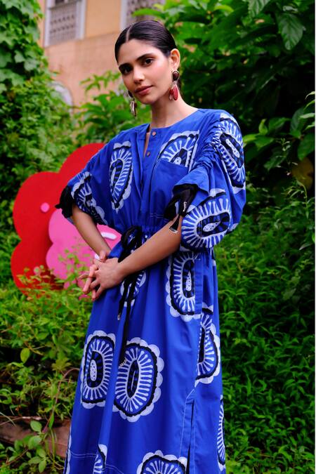 Jodi_Blue Cotton Lace Open Neck Floral Abstract Handblock Print Dress _Online_at_Aza_Fashions