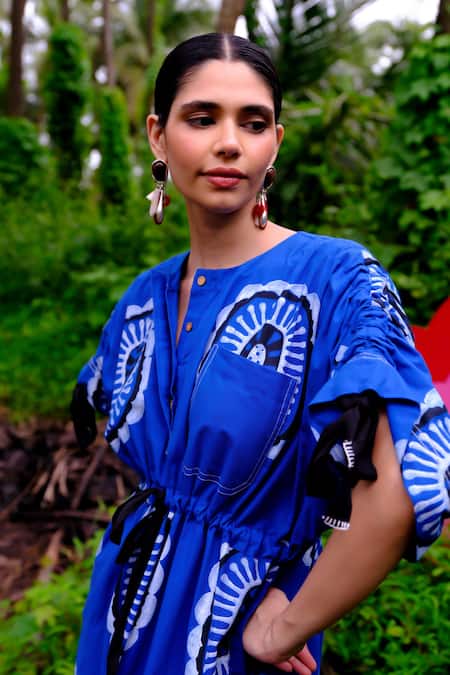 Buy_Jodi_Blue Cotton Lace Open Neck Floral Abstract Handblock Print Dress _Online_at_Aza_Fashions