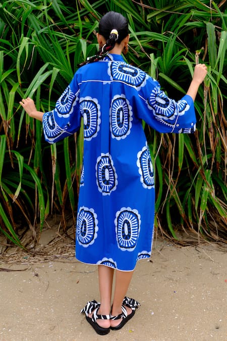 Shop Jodi Blue Cotton Piping Collared Floral Abstract Handblock Print Midi Dress at Aza Fashions Shop_Jodi_Blue Cotton Piping Collared Floral Abstract Handblock Print Midi Dress _at_Aza_Fashions