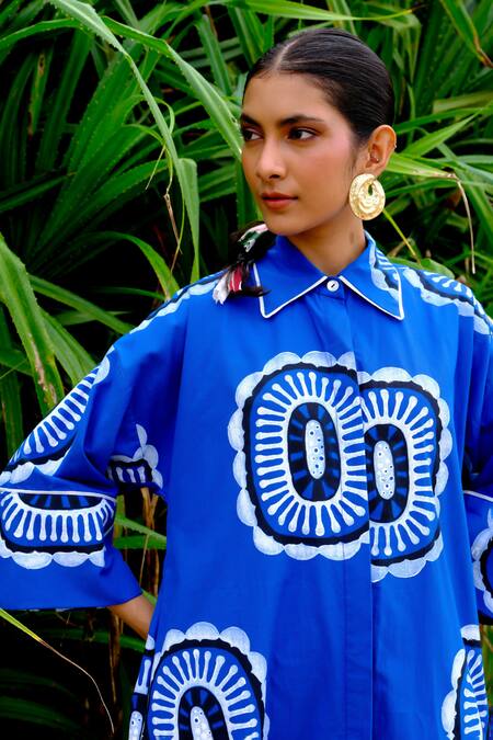 Buy Jodi Blue Cotton Piping Collared Floral Abstract Handblock Print Midi Dress Online at Aza Fashions Buy_Jodi_Blue Cotton Piping Collared Floral Abstract Handblock Print Midi Dress _Online_at_Aza_Fashions