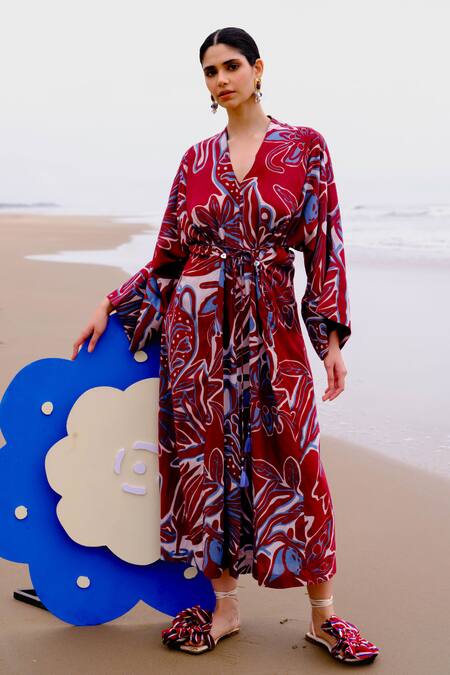 Shop_Jodi_Maroon Modal V-neck Floral Abstract Kaftan Dress_at_Aza_Fashions
