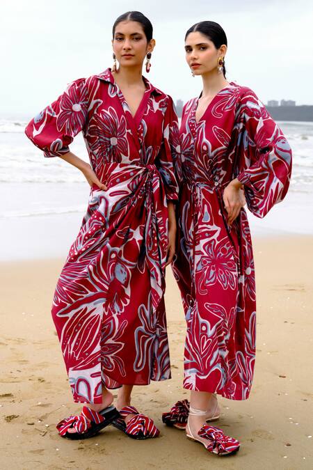 Buy_Jodi_Maroon Modal V-neck Floral Abstract Kaftan Dress_Online_at_Aza_Fashions