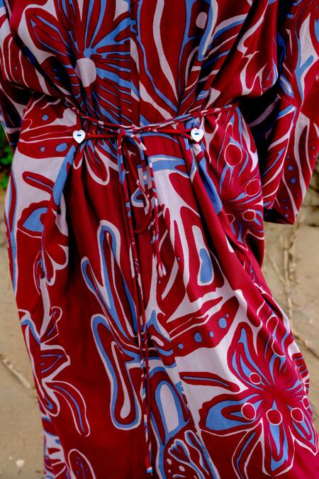 Shop_Jodi_Maroon Modal V-neck Floral Abstract Kaftan Dress_Online_at_Aza_Fashions