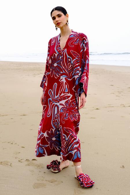 Jodi_Maroon Modal V-neck Floral Abstract Kaftan Dress_at_Aza_Fashions