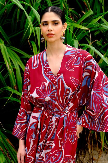 Buy_Jodi_Maroon Modal V-neck Floral Abstract Kaftan Dress