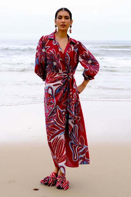 Shop_Jodi_Maroon Modal V-neck Floral Abstract Print Wrap Dress _at_Aza_Fashions
