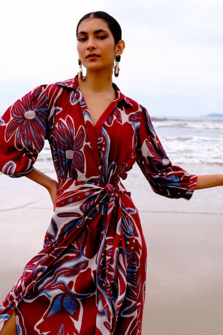 Jodi_Maroon Modal V-neck Floral Abstract Print Wrap Dress _Online_at_Aza_Fashions