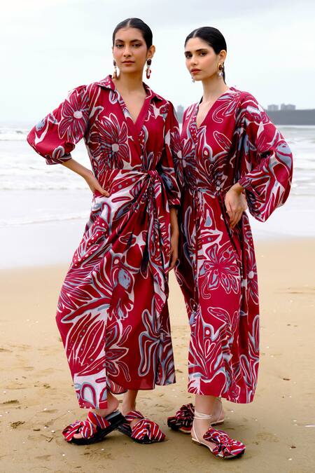 Buy_Jodi_Maroon Modal V-neck Floral Abstract Print Wrap Dress _Online_at_Aza_Fashions