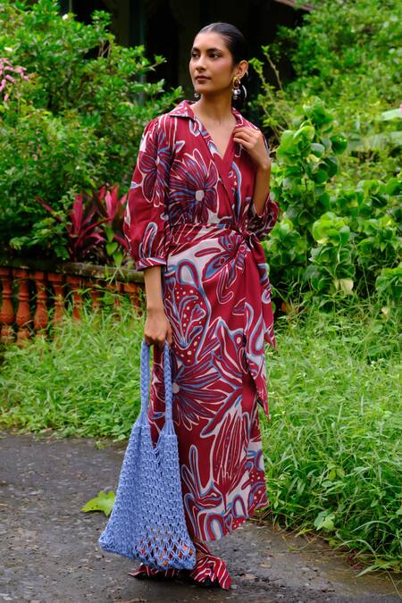 Jodi_Maroon Modal V-neck Floral Abstract Print Wrap Dress _at_Aza_Fashions