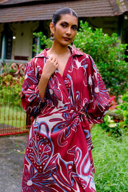 Buy_Jodi_Maroon Modal V-neck Floral Abstract Print Wrap Dress 