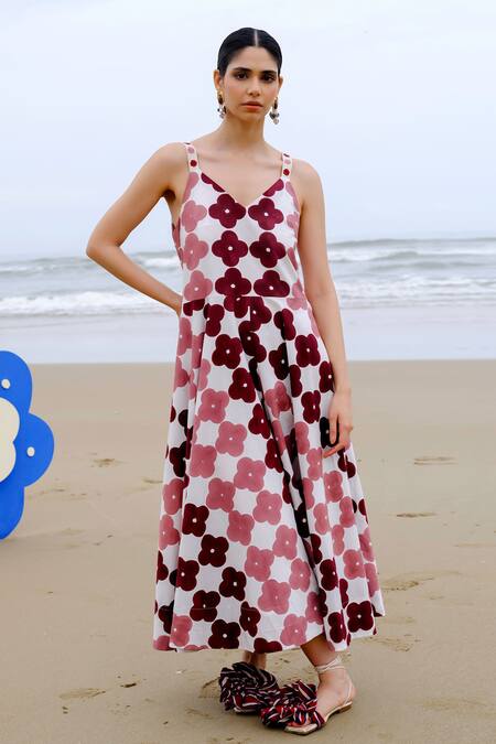 Shop_Jodi_Maroon Cotton Embroidery V-neck Floral Handblock Print Midi Dress _at_Aza_Fashions