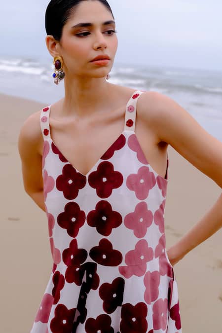 Jodi_Maroon Cotton Embroidery V-neck Floral Handblock Print Midi Dress _Online_at_Aza_Fashions
