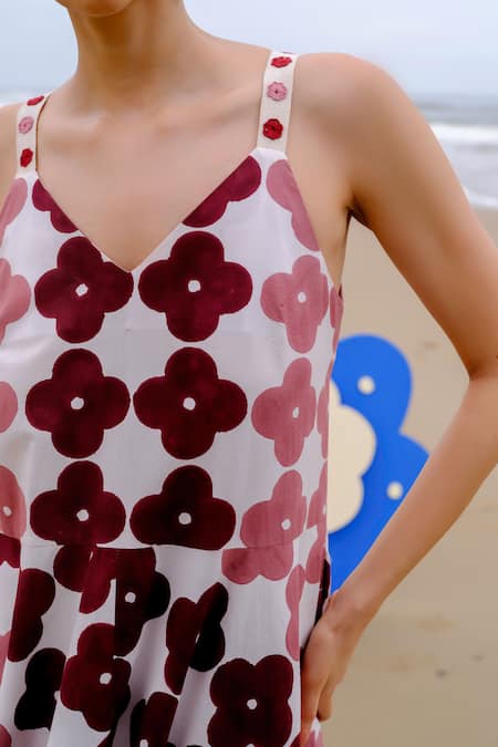 Buy_Jodi_Maroon Cotton Embroidery V-neck Floral Handblock Print Midi Dress _Online_at_Aza_Fashions