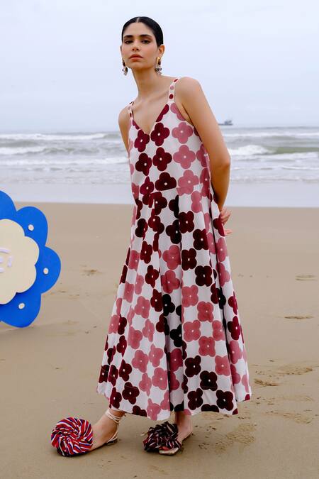 Shop_Jodi_Maroon Cotton Embroidery V-neck Floral Handblock Print Midi Dress _Online_at_Aza_Fashions