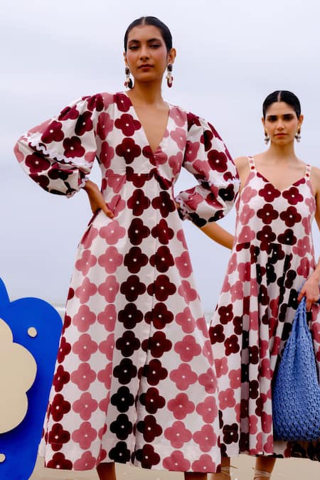 Jodi_Maroon Cotton Lace V-neck Floral Handblock Print Midi Dress _Online_at_Aza_Fashions