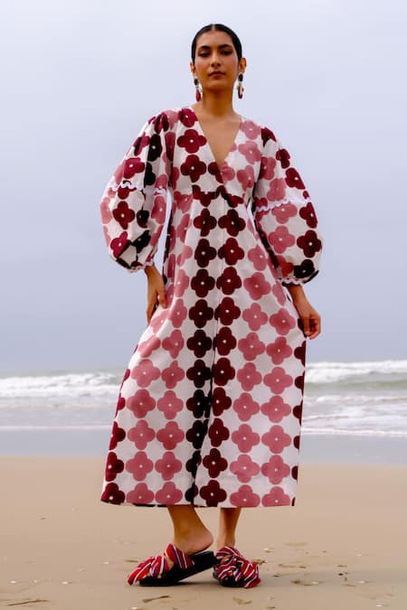 Buy_Jodi_Maroon Cotton Lace V-neck Floral Handblock Print Midi Dress _Online_at_Aza_Fashions