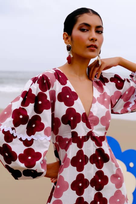 Jodi_Maroon Cotton Lace V-neck Floral Handblock Print Midi Dress _at_Aza_Fashions