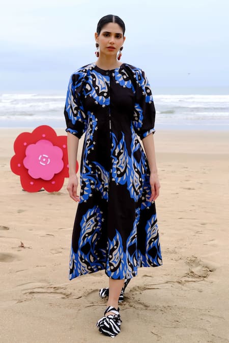Shop_Jodi_Black Cotton Round Neck Abstract Print Puff Sleeve Dress _at_Aza_Fashions