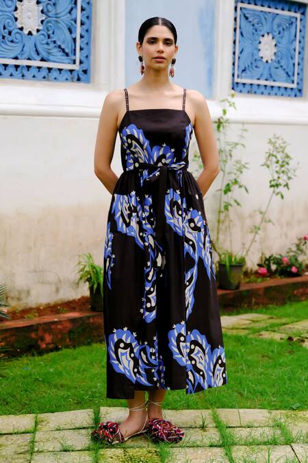Buy_Jodi_Black Cotton Poplin Printed Abstract Square And Blue Midi Dress _Online_at_Aza_Fashions