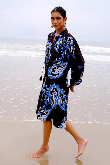 Shop_Jodi_Black Cotton Beads Collared And Blue Abstract Print Midi Dress _at_Aza_Fashions