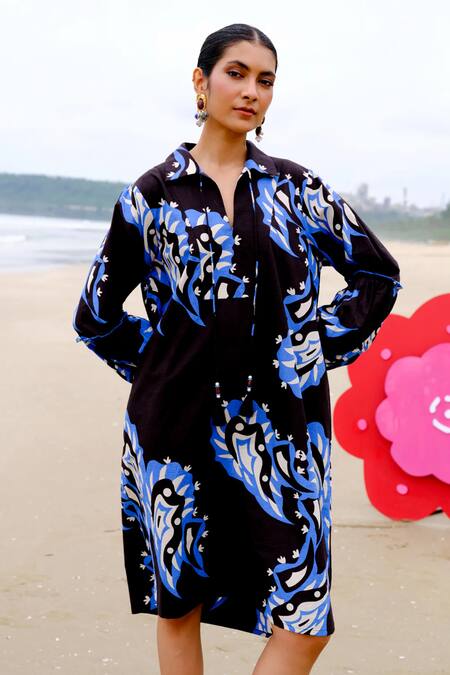 Jodi_Black Cotton Beads Collared And Blue Abstract Print Midi Dress _Online_at_Aza_Fashions