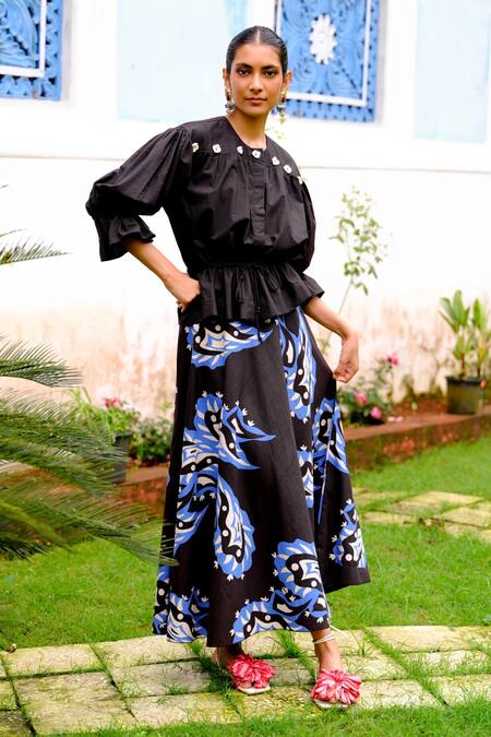 Shop_Jodi_Black Cotton Poplin Printed Abstract And Blue A-line Skirt _at_Aza_Fashions