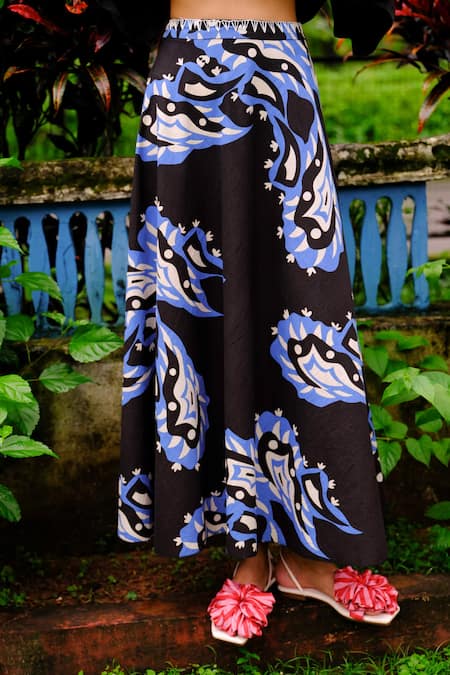 Jodi_Black Cotton Poplin Printed Abstract And Blue A-line Skirt _Online_at_Aza_Fashions