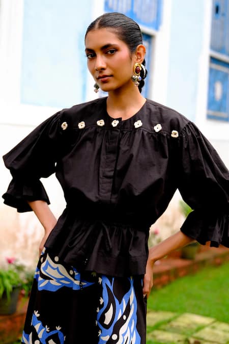 Jodi_Black Cotton Fabric Flowers, Embroidery Puff Sleeve Top And Abstract Print Skirt _Online_at_Aza_Fashions