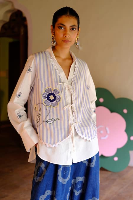 Buy Jodi White Cotton Embroidery Collared 3d Floral Shirt Online at Aza Fashions Buy_Jodi_White Cotton Embroidery Collared 3d Floral Shirt _Online_at_Aza_Fashions