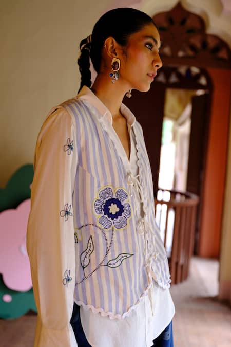 Shop Jodi White Cotton Embroidery Collared 3d Floral Shirt Online at Aza Fashions Shop_Jodi_White Cotton Embroidery Collared 3d Floral Shirt _Online_at_Aza_Fashions