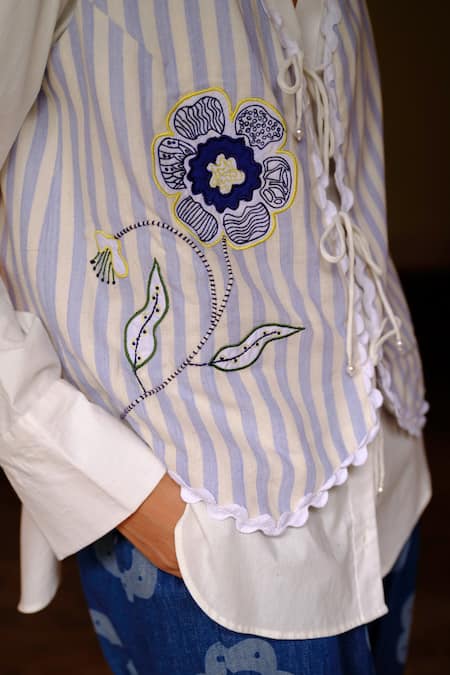 Jodi White Cotton Embroidery Collared 3d Floral Shirt at Aza Fashions Jodi_White Cotton Embroidery Collared 3d Floral Shirt _at_Aza_Fashions
