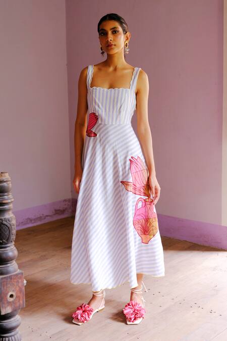 Buy_Jodi_Blue Cotton Applique Scoop Neck And White Striped Fit And Flare Dress _Online_at_Aza_Fashions