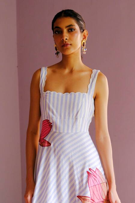 Shop_Jodi_Blue Cotton Applique Scoop Neck And White Striped Fit And Flare Dress _Online_at_Aza_Fashions