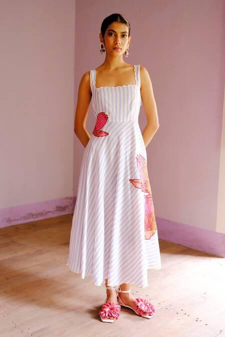 Shop_Jodi_Blue Cotton Applique Scoop Neck And White Striped Fit And Flare Dress _at_Aza_Fashions